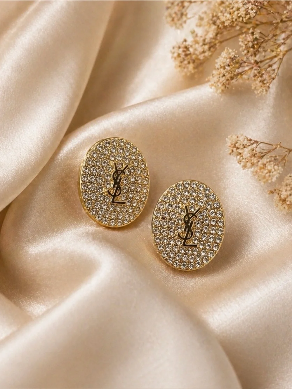Yves Saint Laurent Gold Crystal Monogram Oval Button Earrings - Gold